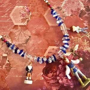 Polly Pocket 3 Cinderella Prince Doll Pendants Red, White, Blue Beaded Necklace